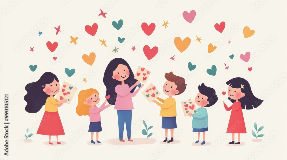 Children joyfully present handmade cards to their mother amidst colorful hearts and stars Children joyfully present handmade cards to their mother amidst colorful hearts and stars