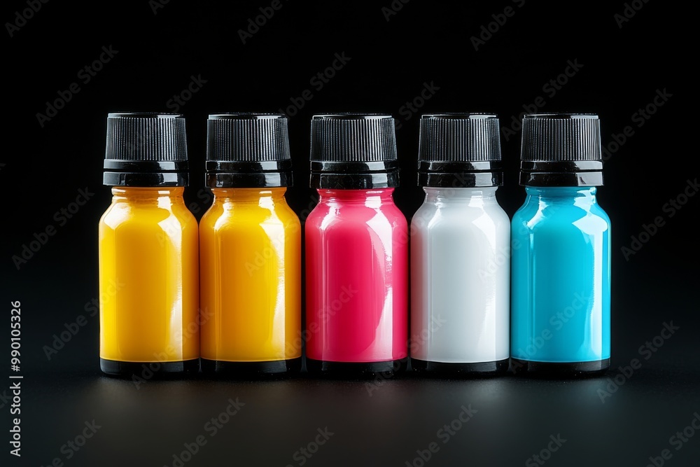 Row six small glass bottles black lids Each Colorful Ink