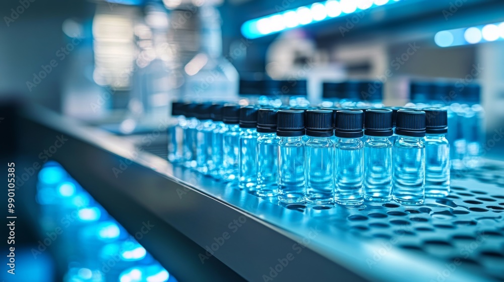 Row small glass vials black caps metal rack stored Row small glass vials black caps metal rack stored
