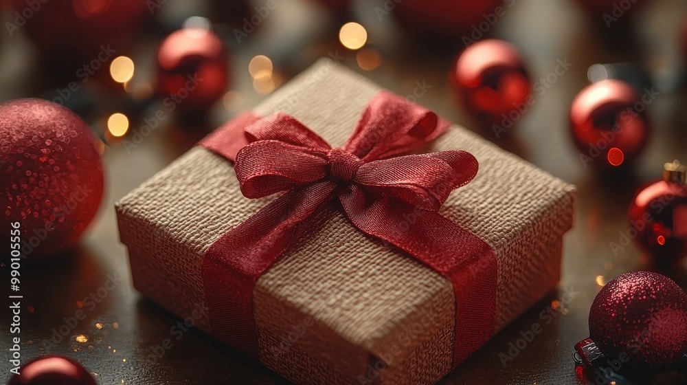 A beautifully wrapped gift box adorned with a red bow sits among shiny ornaments during the festive holiday season A beautifully wrapped gift box adorned with a red bow sits among shiny ornaments during the festive holiday season