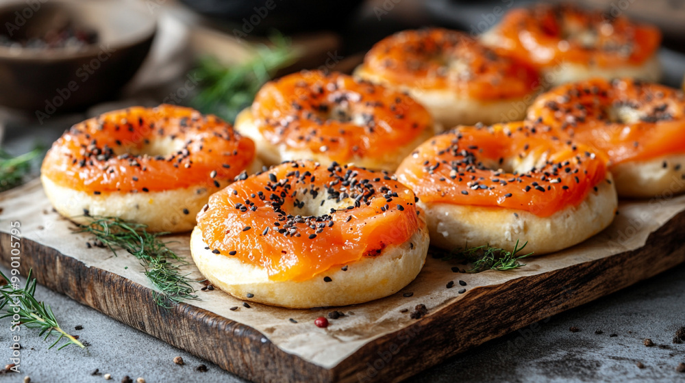 A delicious platter of bagels topped with smoked salmon and sprinkled with black seeds, perfect for a gourmet breakfast. A delicious platter of bagels topped with smoked salmon and sprinkled with black seeds, perfect for a gourmet breakfast.