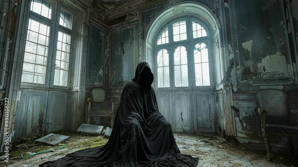 A cloaked figure sits in a dilapidated room, the light filtering through the large arched windows A cloaked figure sits in a dilapidated room, the light filtering through the large arched windows
