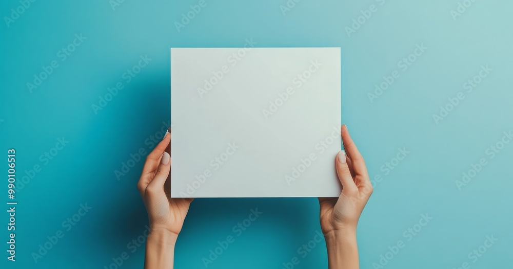 Blank square paper in hands against blue background Blank square paper in hands against blue background