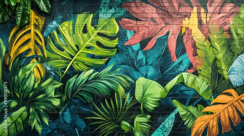 Graffiti wall with urban jungle theme, featuring bright green plants and leaves intertwined with abstract street art patterns