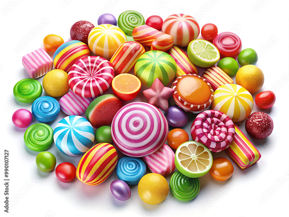 A vibrant and visually appealing pile of assorted colorful candies is displayed on a clean white background, making them stand out beautifully A vibrant and visually appealing pile of assorted colorful candies is displayed on a clean white background, making them stand out beautifully