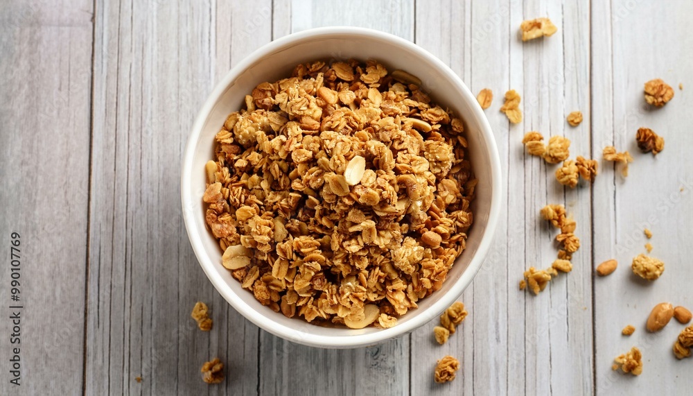 Peanut butter big cluster granola in white ramekin Peanut butter big cluster granola in white ramekin