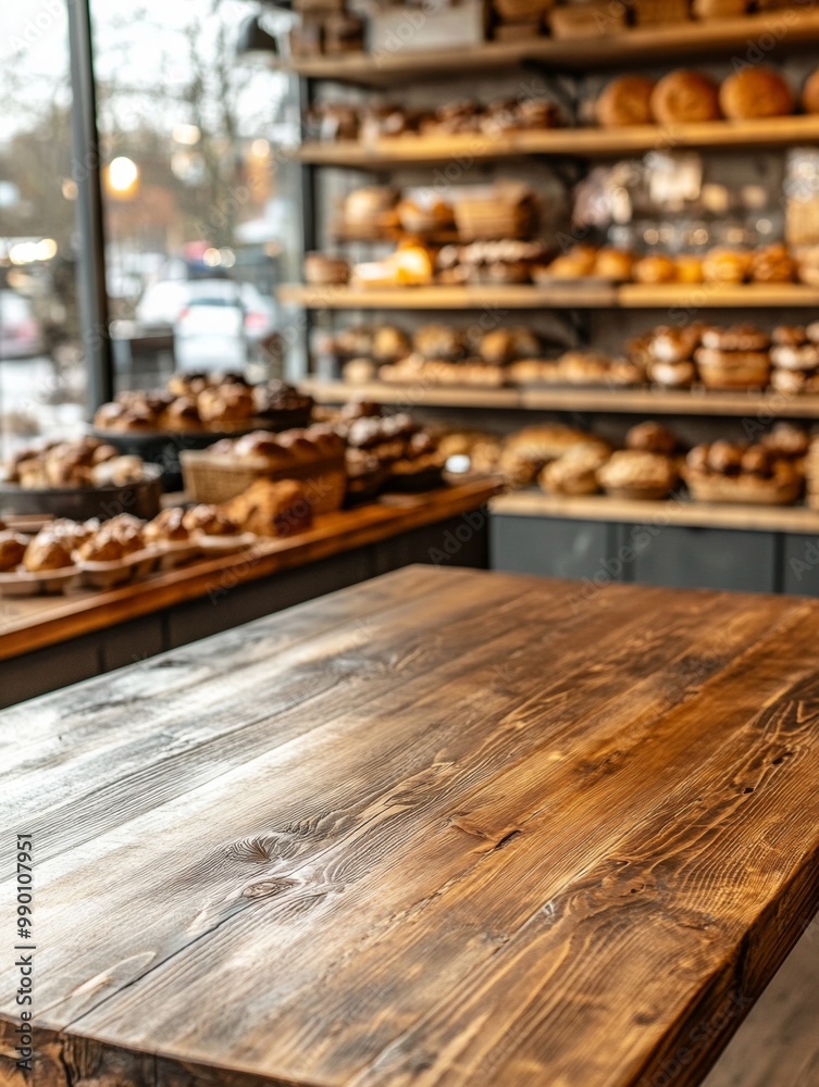 Wooden table foreground bakery is made dark wood A rustic Wooden table foreground bakery is made dark wood A rustic