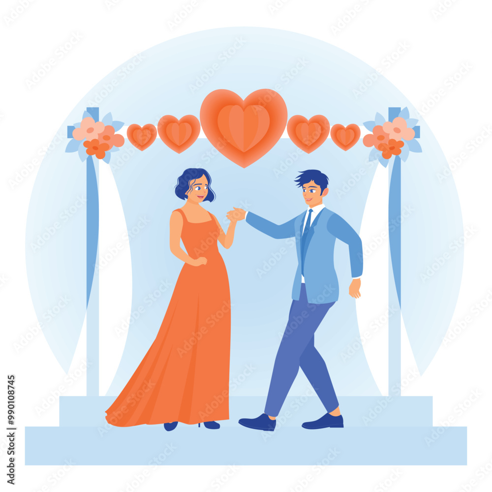 Young couple getting married. Men and women wear suits and dresses decorated with heart shapes. Family lifestyle activity concept. Flat vector illustration. Young couple getting married. Men and women wear suits and dresses decorated with heart shapes. Family lifestyle activity concept. Flat vector illustration.