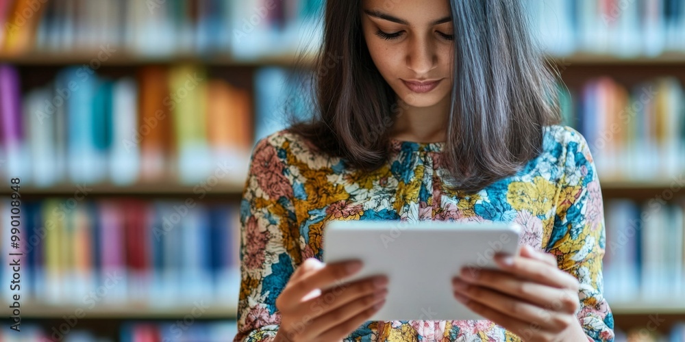 Fototapeta premium Young woman holding tablet her hands She is Close-up of a teacher