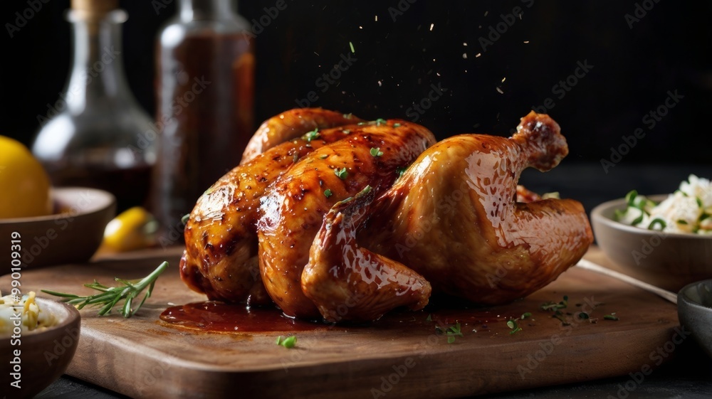 Roasted whole chicken with sauce on wooden board for dinner Roasted whole chicken with sauce on wooden board for dinner