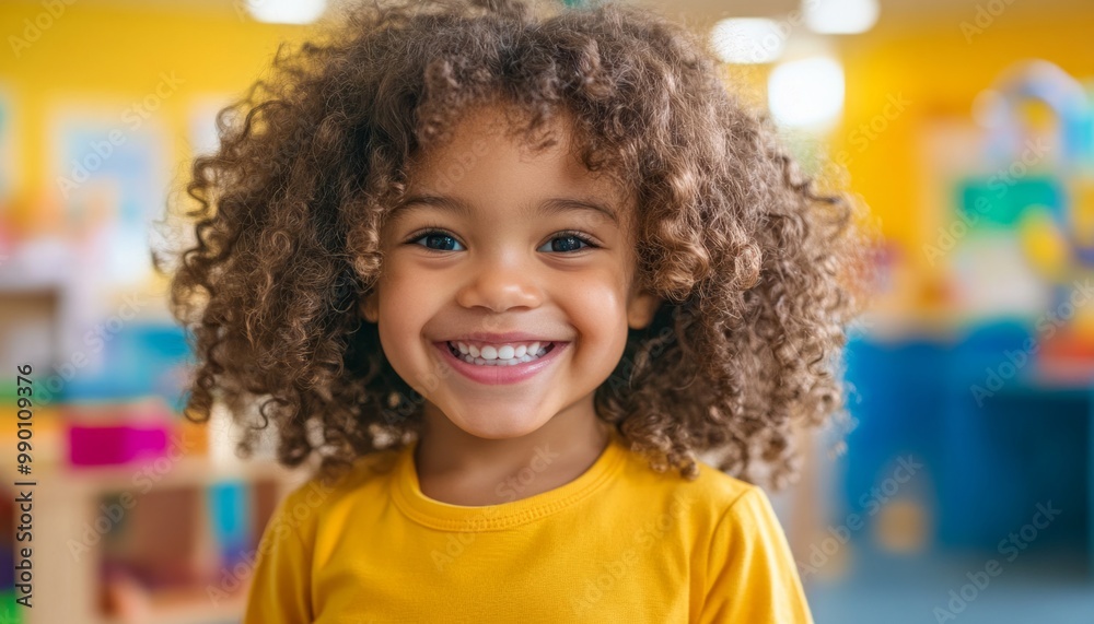 Happy Child with Curly Hair Smiling Brightly in a Colorful Classroom Happy Child with Curly Hair Smiling Brightly in a Colorful Classroom