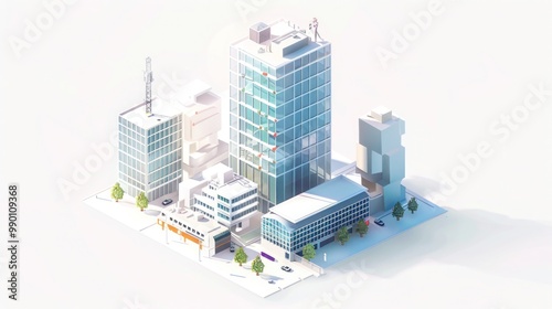 Smart city with tall buildings. White background with flat isometric figures