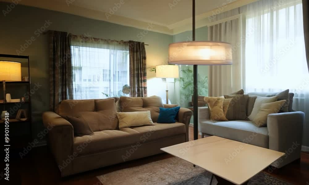 Cozy Living Room with Warm Lighting and Bookshelf