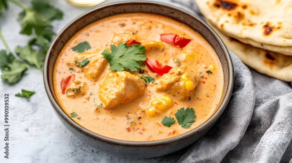 A bowl of creamy chicken curry with bell peppers and corn, garnished with cilantro, served with naan bread. A bowl of creamy chicken curry with bell peppers and corn, garnished with cilantro, served with naan bread.