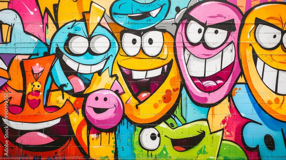 Obraz premium Playful graffiti wall with bold cartoon characters, exaggerated expressions