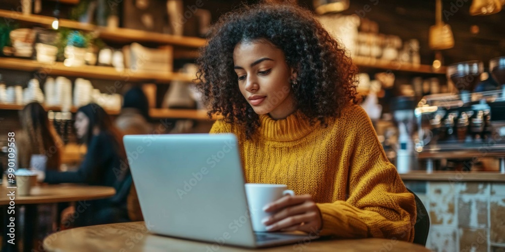 Young woman sitting table coffee shop working her Happy remotely Young woman sitting table coffee shop working her Happy remotely