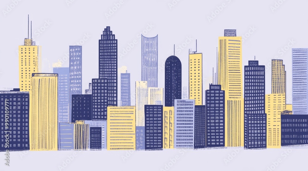 Urban Cityscape Illustration in Blue and Yellow Shades Urban Cityscape Illustration in Blue and Yellow Shades