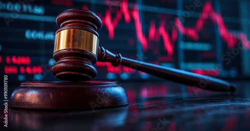 Legal gavel over financial market graphs