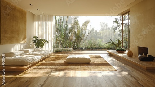 Modern minimalist living room with natural light and garden view in a serene, tranquil setting