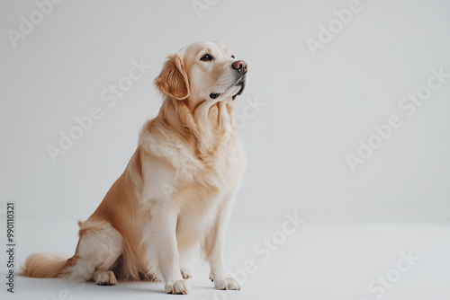 Golden Retriever Sitting and Smiling A happy golden retriever sitting upright with a joyful expression