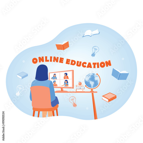 Female student doing video conference with classmates on computer. Study from home. Online Education concept. Flat vector illustration.