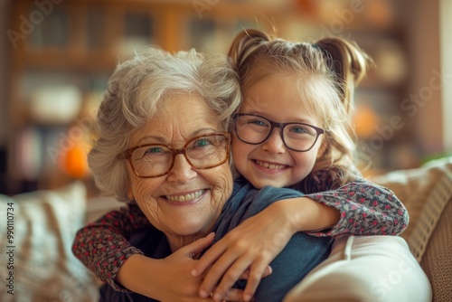 A heartwarming moment between a grandmother and her granddaughter. They share smiles and hugs in a cozy living room. This image embodies love and family connection. Generative AI