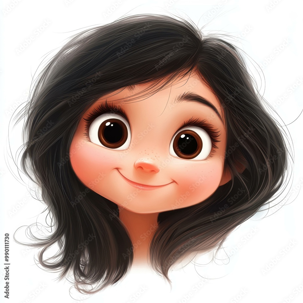 A girl with blackbrown hair and eyes smiles brightly against a clean white background, radiating happiness.