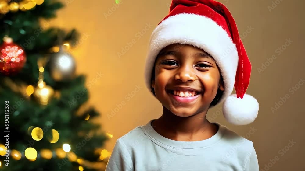 Smiling afro-american boy in a Santa hat stands in front of a Christmas tree with twinkling lights, holding a wrapped gift Smiling afro-american boy in a Santa hat stands in front of a Christmas tree with twinkling lights, holding a wrapped gift