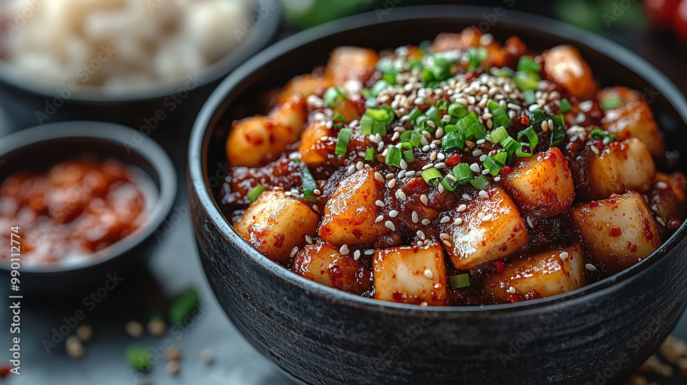 Delicious bowl of spicy diced tofu topped with sesame seeds and green onion, perfect for a savory meal or healthy dish. Delicious bowl of spicy diced tofu topped with sesame seeds and green onion, perfect for a savory meal or healthy dish.