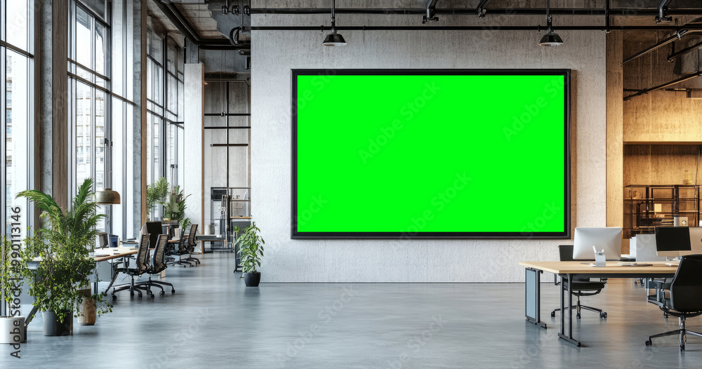 Modern office interior with green screen display Modern office interior with green screen display