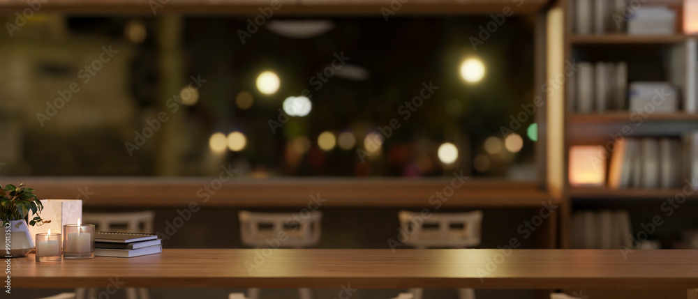A wooden table in a minimalist coffee shop at night, illuminated by the soft glow of candles. A wooden table in a minimalist coffee shop at night, illuminated by the soft glow of candles.