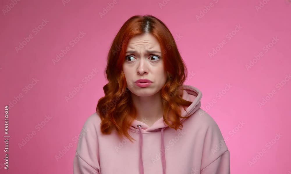 Pink hoodie redhead woman confused expression Pink hoodie redhead woman confused expression