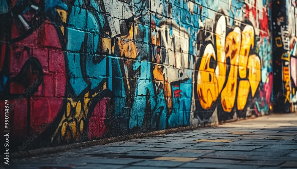 Obraz premium A graffiti-covered urban wall, showcasing vibrant colors, bold lines, and an edgy, artistic vibe