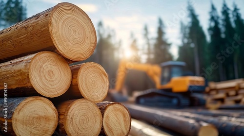 Wood logs stacked with machinery in background, forest setting, natural materials. photo