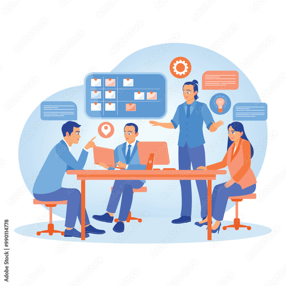 A group of employees is discussing at the table. Exchange opinions in developing the company. Team communication concept. Flat vector illustration. A group of employees is discussing at the table. Exchange opinions in developing the company. Team communication concept. Flat vector illustration.