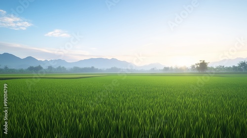 Lush Green Rice Paddy Field with Mountain View.