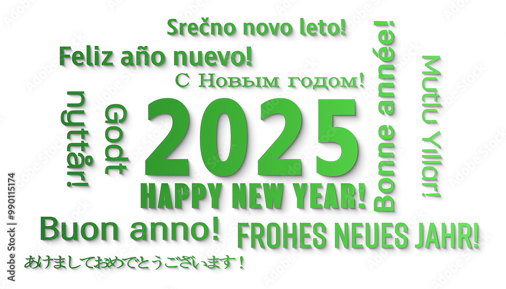 Illustration of a word cloud in different languages with the message happy new year in green over white background - represents the new year 2025. Illustration of a word cloud in different languages with the message happy new year in green over white background - represents the new year 2025.