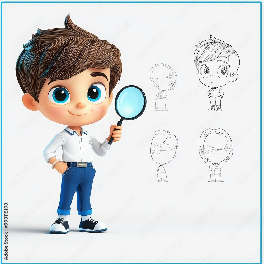 Curious Cartoon Boy Character with Magnifying Glass in Illustration Curious Cartoon Boy Character with Magnifying Glass in Illustration