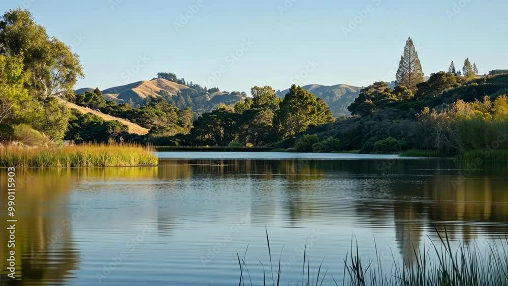 Serene lake reflects the blue sky, surrounded by green trees and hills, creating a peaceful scene perfect for tranquility seekers in nature Serene lake reflects the blue sky, surrounded by green trees and hills, creating a peaceful scene perfect for tranquility seekers in nature