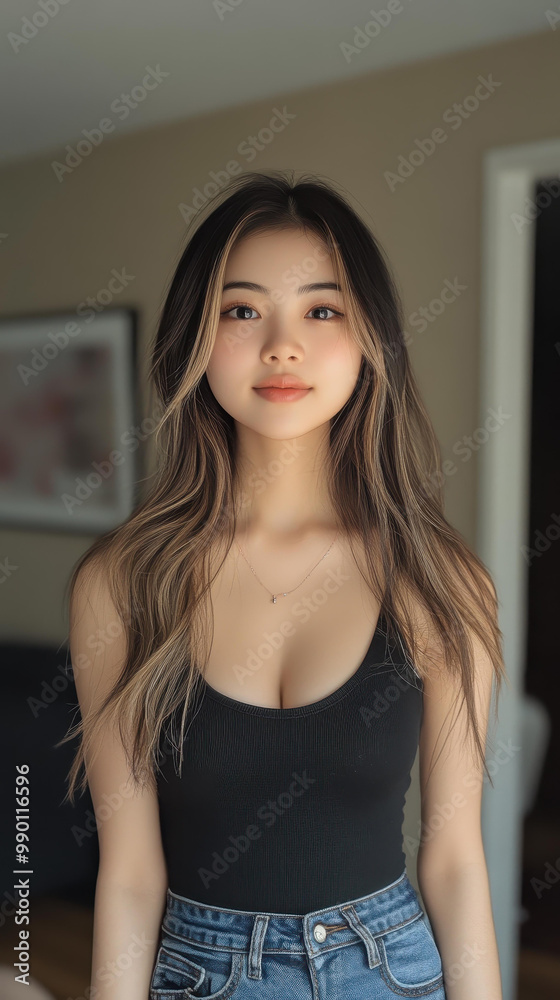 Fototapeta premium Photo of a stylish Asian girl in jeans and a tank top, showcasing her cute face and long hair in a cozy living room setting.