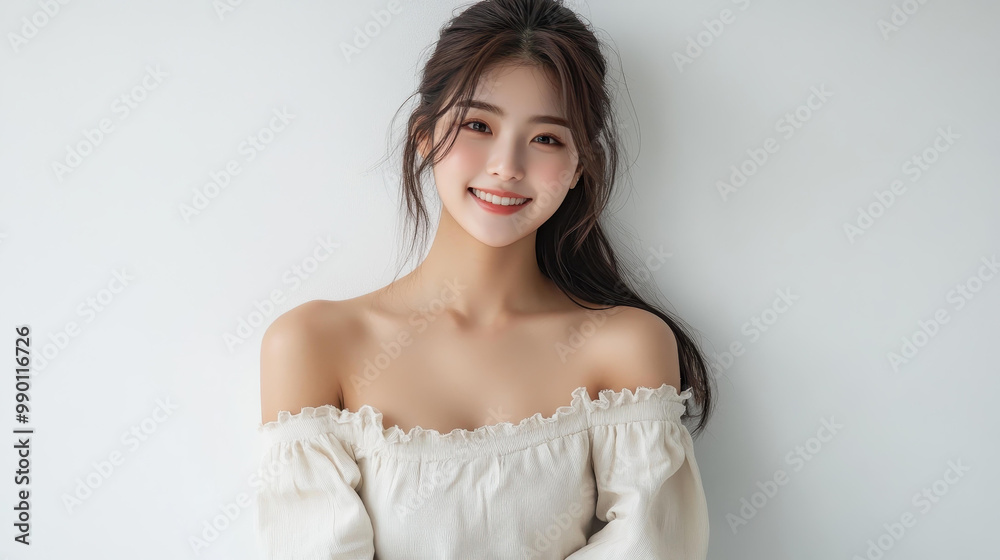 A stunning Korean woman showcases elegance in a puffsleeved top and blue jeans, radiating joy against a bright backdrop. A stunning Korean woman showcases elegance in a puffsleeved top and blue jeans, radiating joy against a bright backdrop.