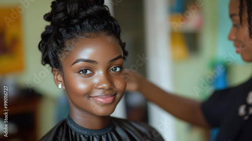 A woman indulges in a relaxing hair styling service in the comfort of her home, feeling pampered and stylish.