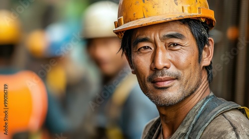 Asian workers laboring diligently under the sun, their calm expressions reveal resilience in worn clothes at a construction site.