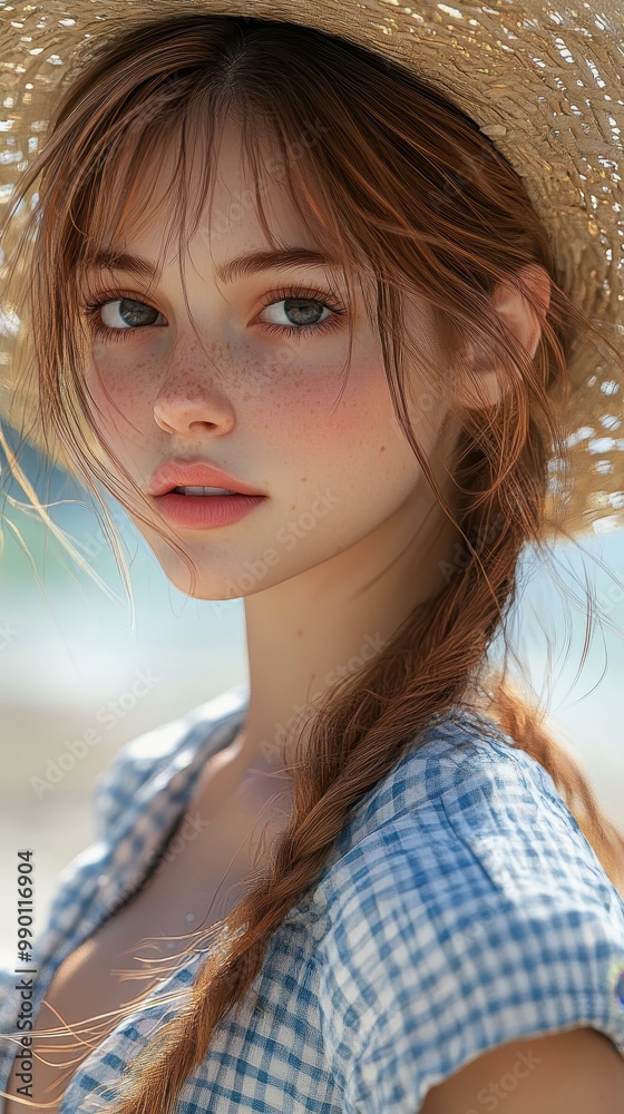 A stunning portrait of a girl with a red ponytail, dressed in a blue and white check shirt, enjoying a sunny beach day. A stunning portrait of a girl with a red ponytail, dressed in a blue and white check shirt, enjoying a sunny beach day.
