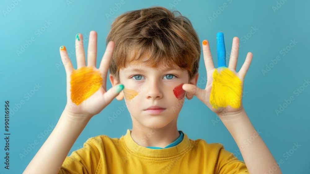 A child with bright blue eyes proudly displays their pastelpainted hands, embodying the essence of creativity and imagination. A child with bright blue eyes proudly displays their pastelpainted hands, embodying the essence of creativity and imagination.