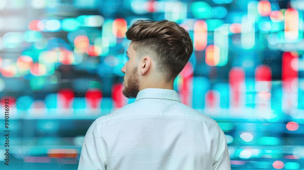 A young businessman reviews a holographic forex chart, symbolizing financial growth in a sleek, modern office setting. A young businessman reviews a holographic forex chart, symbolizing financial growth in a sleek, modern office setting.