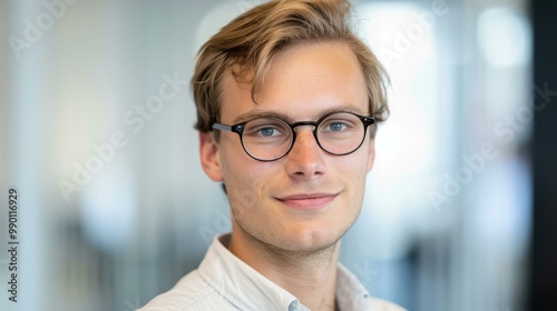 A focused young man in a beige shirt sports glasses, immersed in work within a professional office setting.