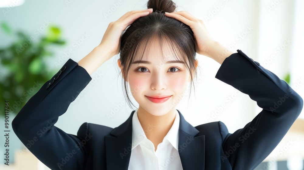 A young Japanese woman in a sleek business suit ties her hair back as she beams confidently, ready for a new day. A young Japanese woman in a sleek business suit ties her hair back as she beams confidently, ready for a new day.