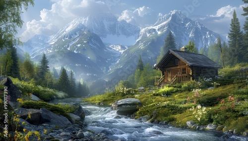 Rustic log cabin by mountain stream in lush forest