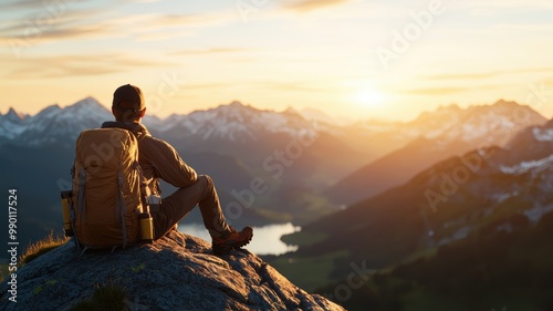 Adventurer Enjoys Scenic Sunrise Over Mountain Range